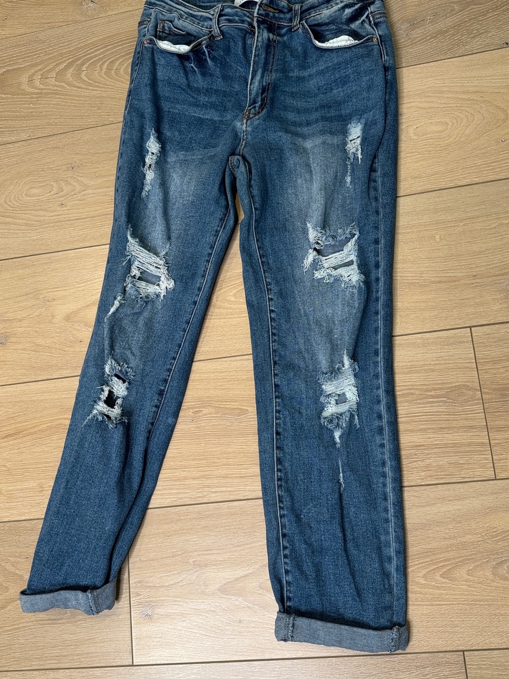 Wax Jean Women's Distressed Dark Blue Boyfriend Jeans